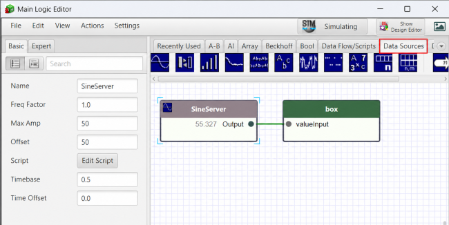 Main Logic Editor showing a SineServer connected to a Box graphic